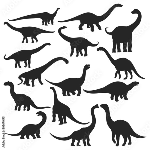  Dinosaur and Jurassic monster icons. Vector silhouettes of Brachiosaurus  Isisaurus  Camarasaurus  Mamenchisaurus  Diplodocus