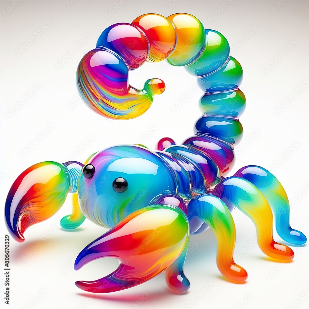 A stunning blown glass sculpture of a playful, cute Scorpion with seamlessly blended rainbow colors, white background