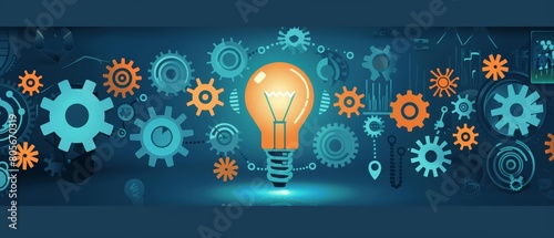 The illustration shows a creative idea brainstorming session in a futuristic business research banner photo