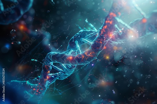 Visualize technology and biology merging in a 3D rendered illustration of a human cell detailed with DNA strands, Sharpen banner template with copy space on center