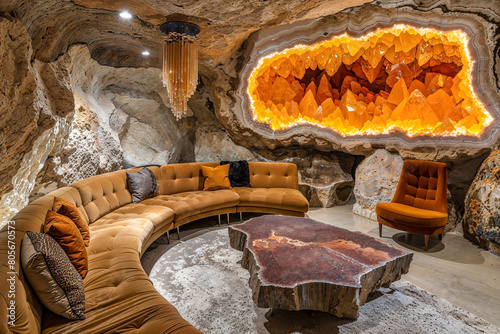 Undergroud home interior design, living room, orange crystal formations, wood slab table, underground grotto, fantasy architecture, luxury photo