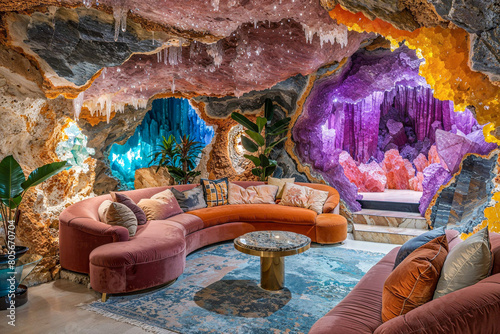 Colorful crystal cave home interior design, living room, mineral formations, underground grotto, fantasy architecture, luxury
