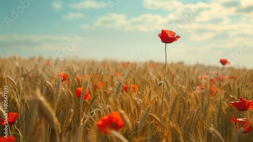 Red poppy in a golden wheat field under a clear blue sky © Khalif