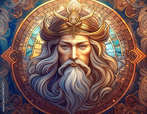 A pagan god with long white beard, crown of thorns in a ethereal circle. Judgement Tarot Card , Vector illustration. photo