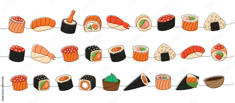 Sushi set. Japanese traditional food one line drawing. Ikura sushi, tobiko maki, philadelphia roll, onigiri, shrimp nigiri, tekkamaki tuna roll