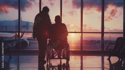 Rear view of airport worker pushing man on wheelchair in the airplane, Concept of traveling with special needs