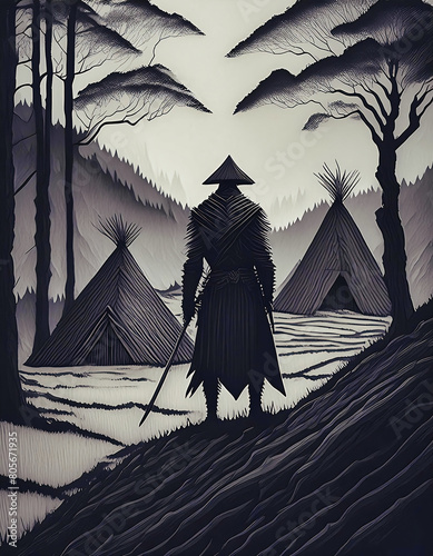Illustration of an anciant Shaman Protector  in the village in front of the tents in the forest photo