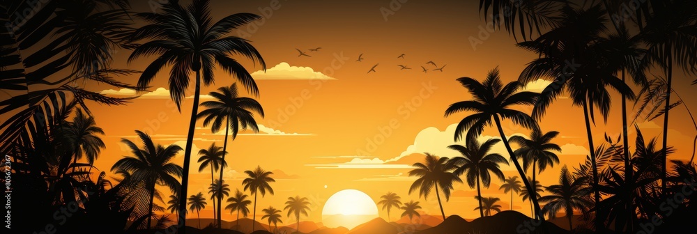 The setting sun casts a golden glow over the beach, palm trees, and ocean. A peaceful and relaxing scene for your next travel destination or tropical getaway. Isolated on a yellow background