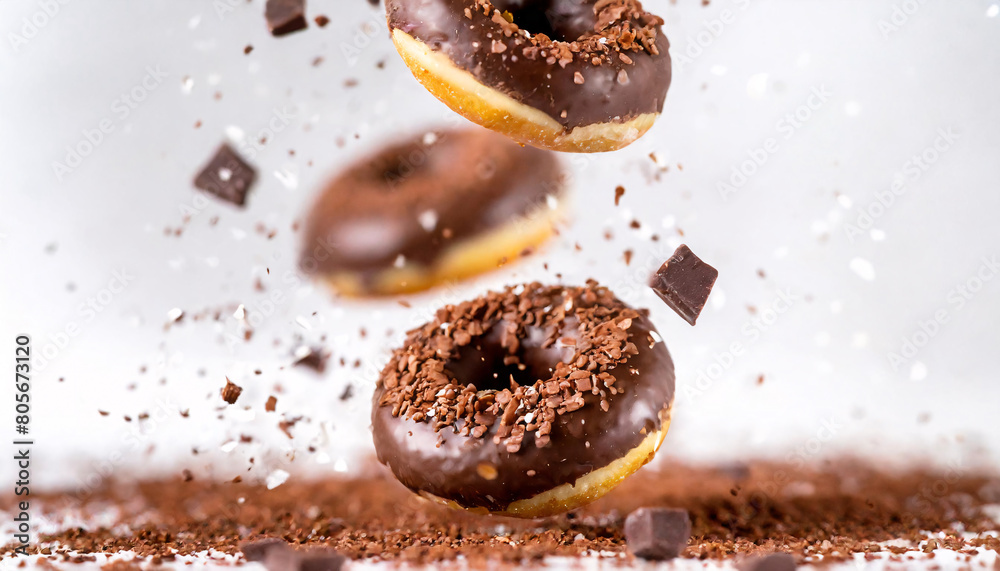 Captivating Chocolate Cascade: Luxurious Milk and Dark Chocolate Donuts Descending from the Sky Captivating Chocolate Cascade: Luxurious Milk and Dark Chocolate Donuts Descending from the Sky