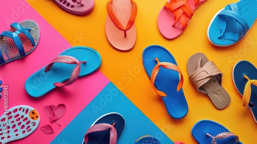 There is a variety of shoes and sandals displayed on a colorful background, including walking shoes, outdoor shoes, and electric blue and orange sandals. The vibrant display is like a work of art