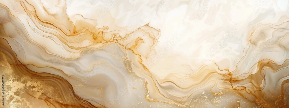 Obraz premium A closeup of an abstract, fluid pattern in shades of beige and brown, resembling flowing watercolors on glass or marble, with subtle gold accents. The background is soft white clouds.