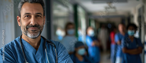 Latin doctor with team of doctors in blurred background