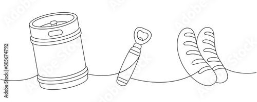 Brewery set one line continuous drawing. Metal beer keg, bottle opener, fried sausages continuous one line illustration. Vector linear illustration.