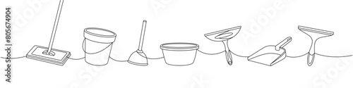 Cleaning tools one line continuous drawing. Floor mop, bucket, plunger, plastic basin, squeegee cleaning glass, scoop continuous one line illustration