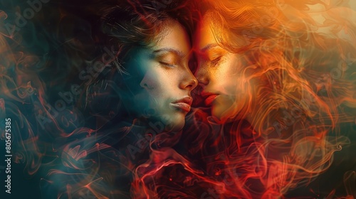 romantic abstract illustration: portrait of two female lovers dreaming together in a valentines day