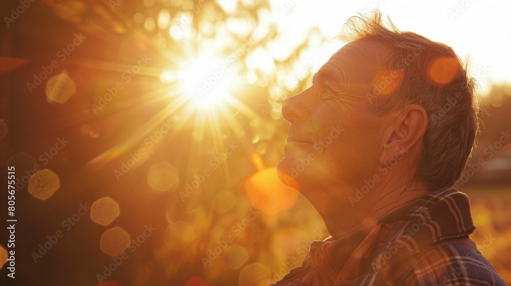 The bright sun shines down on the man casting a warm glow over his relaxed face. The bright sun shines down on the man casting a warm glow over his relaxed face.