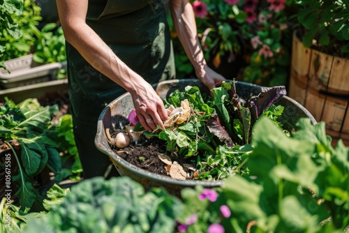 A person tending to their home compost bin. Generate AI image