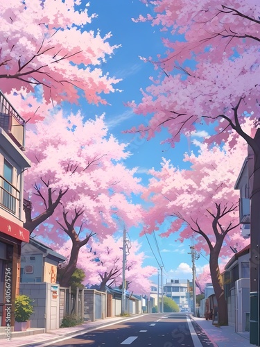 a picture of a street with cherry blossom trees and a blue sky, anime asthetic, anime aesthetic, japanese street, anime vibes, anime scenery, japan travel aesthetic, beautiful anime styleGenerative AI photo