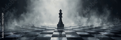 background of a black king on a chessboard, smoke all around him photo