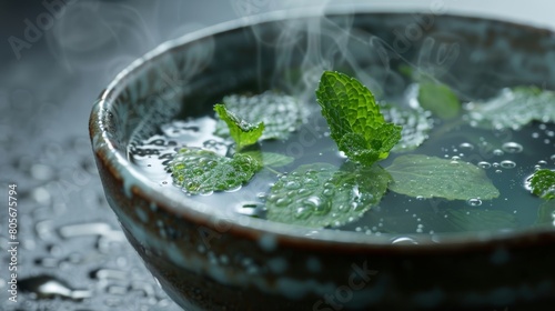 A bowl of hot water is infused with drops of peppermint essential oil releasing its invigorating scent throughout the room.