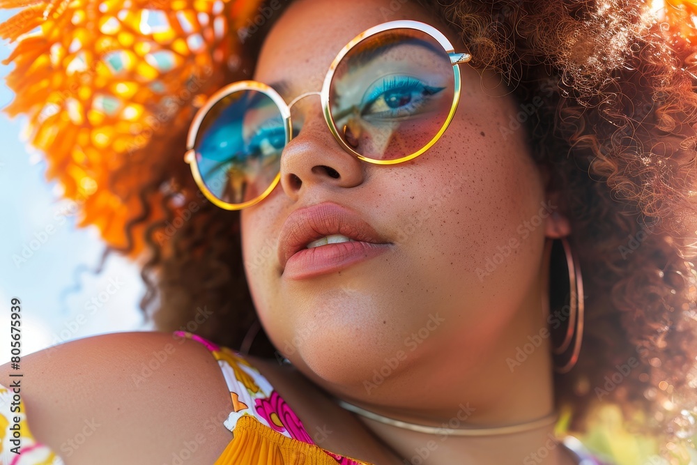 Radiant Plus-Size Model Captivates with a Close-Up, Flaunting Trendy Summer Fashion Accessories and Embracing Body Positivity with Confidence