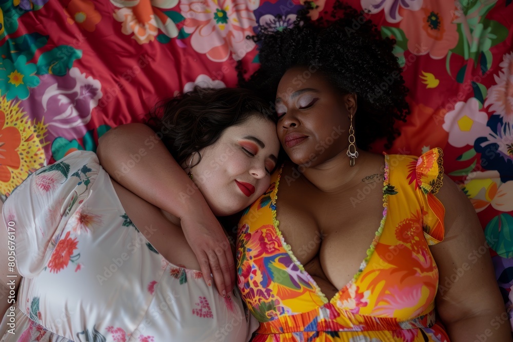 A Radiant Plus-Size LGBTQ Couple Embracing Each Other with Love and Pride in a Colorful Studio Portrait, Celebrating Body Positivity and Diversity A Radiant Plus-Size LGBTQ Couple Embracing Each Other with Love and Pride in a Colorful Studio Portrait, Celebrating Body Positivity and Diversity