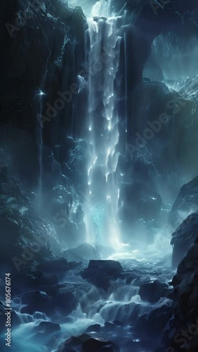 A mystical waterfall cascades with glowing blue light, transforming a cavernous landscape into an ethereal realm of liquid luminescence. photo