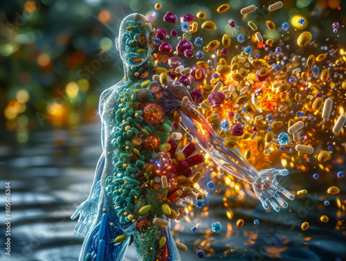 A vivid 3D rendering of a transparent human body with various colorful pills dispersing throughout, symbolizing drug distribution and effects.
