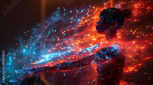 Digital art featuring a woman with her body covered in luminous blue and red sparks, symbolizing dynamic energy and movement.