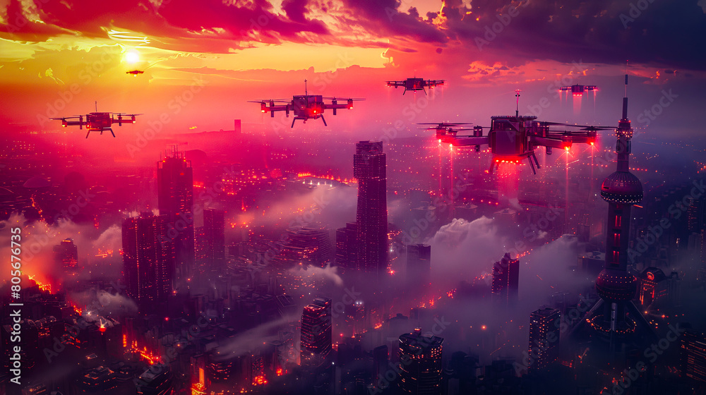 A dramatic sunset over a futuristic city, illuminated by the glow of urban lights and patrolled by a fleet of advanced drones.