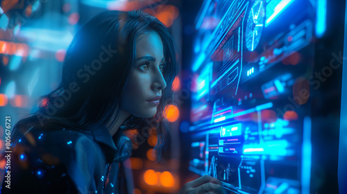 Female hacker analyzing cybersecurity threats on a holographic interface