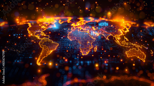 Illuminated digital world map depicting global connectivity and data flow across continents against a dark background.