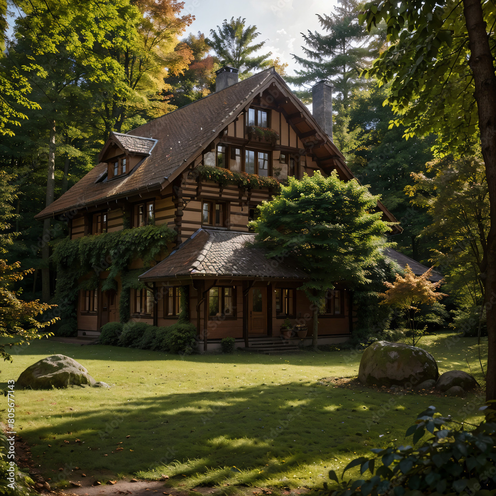 wooden house in a custom forest
