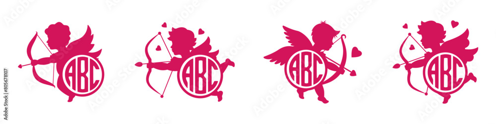 Cupids with monograms. Valentine's day name monogram. Angel with a wings. Cherubs silhouette. Cupid shooting arrow. Vector illustration. Cupids with monograms. Valentine's day name monogram. Angel with a wings. Cherubs silhouette. Cupid shooting arrow. Vector illustration.