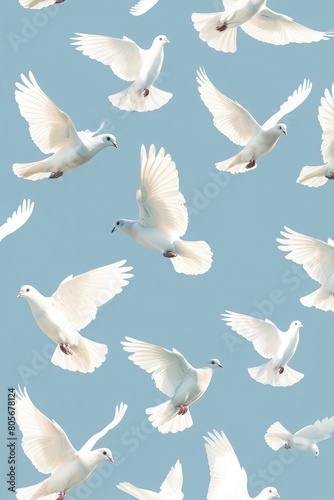 Seamless pattern, birds flock flying. White doves in sky, endless background. Repeating print, winged pigeons in flight, freedom. Printable repeatable flat vector illustration for fabric design