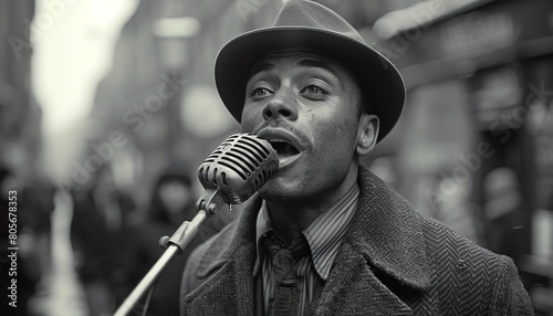 Street performer singing with a vintage microphone, urban setting, passersby watching photo