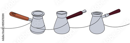 Turkish coffee pots one line colored continuous drawing. Hand drawn elements for cafe menu, coffee shop. Vector linear illustration.