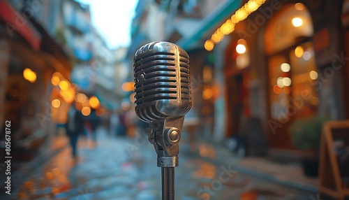 Street performer singing with a vintage microphone, urban setting, passersby watching
