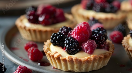 The gourmet vegan dinner party ends on a sweet note with freshly baked fruit tarts filled with a silky smooth coconut milkbased custard and topped with fresh berries. photo