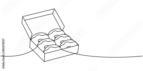 Donuts in a box one line continuous drawing. Bakery sweet pastry food. Vector linear illustration.