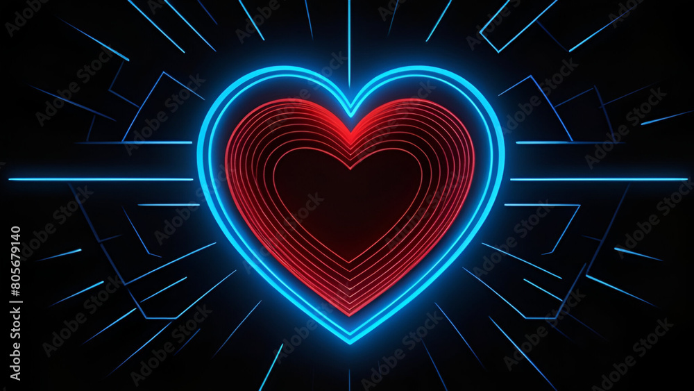 Neon Glowing Heart Banner on Dark Background. Blue Red Colored Heart Sign. Valentines Day Symbol