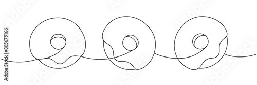 Glazed donuts. Take away donuts one line continuous drawing. Bakery sweet pastry food. Vector linear illustration.