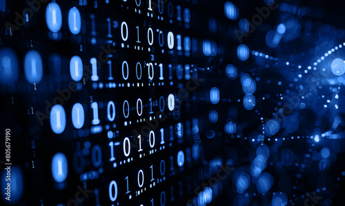 Binary matrix background. Falling digits on dark backdrop. Running random numbers. Abstract data concept. Blue futuristic cyberspace. photo