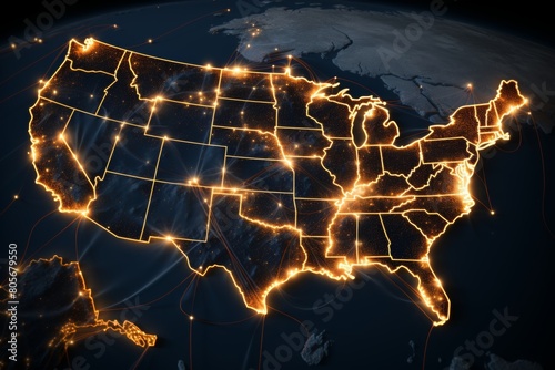 A striking image featuring a glowing yellow outline of the United States on a dark blue world map background  perfect for presentations  websites  or educational materials on geography