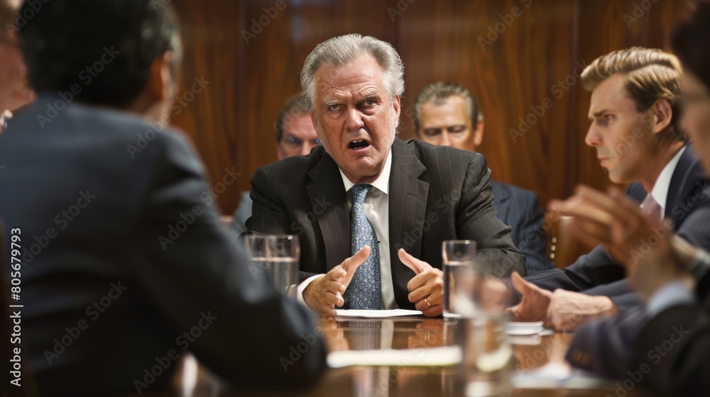 An executive pacifying a heated argument among team members during a critical business meeting