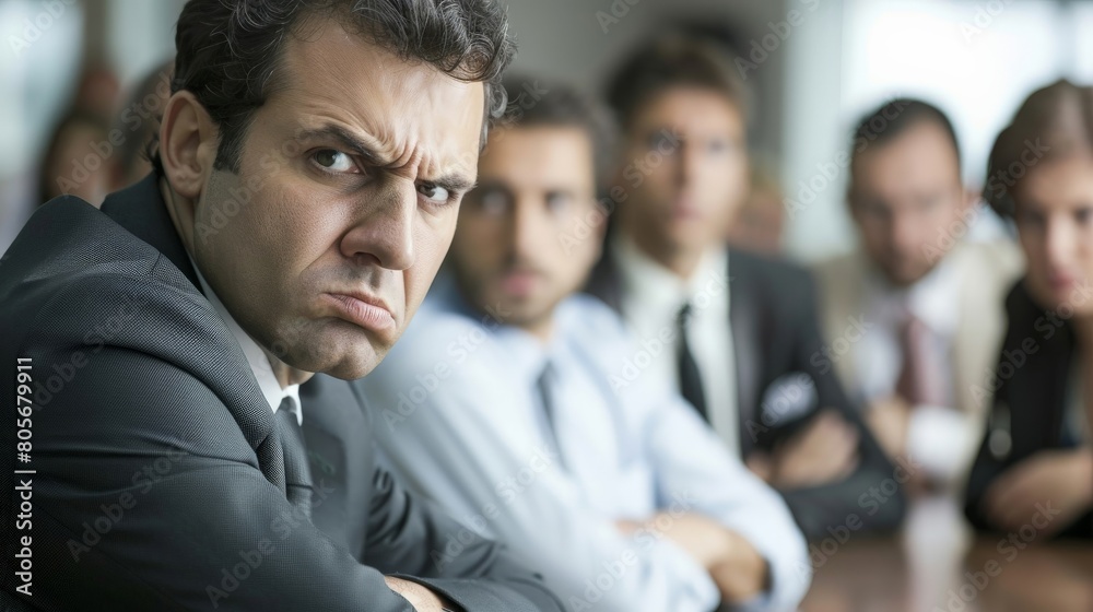 Business professionals in a standoff during a meeting, with one person looking particularly annoyed Business professionals in a standoff during a meeting, with one person looking particularly annoyed