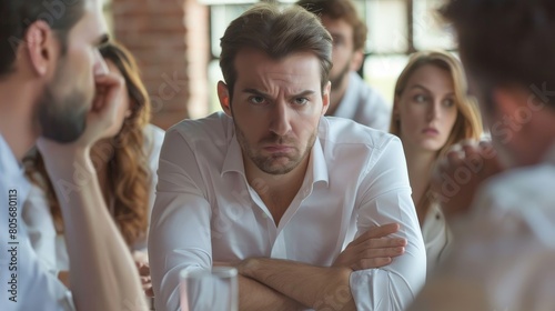 Frustrated employee feeling unheard and overshadowed by more dominant colleagues in a meeting photo