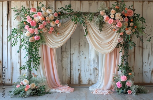a pink, white, and orris flower arch with a floral centerpiece, in the style of mysterious backdrops, luxurious drapery
