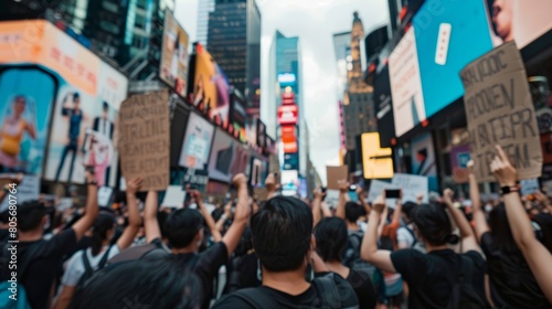 A group of protesters holding placards and shouting slogans in a crowded city square, their voices drowned out by the cacophony of noise from advertising billboards and blaring car horns photo