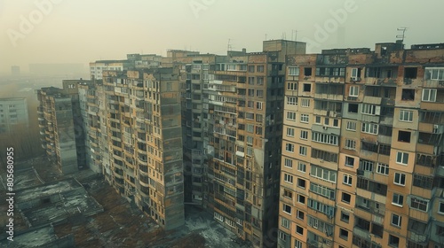 huge hives scattered around barren wasteland made out of soviet building blocks with soviet windows and balconies 